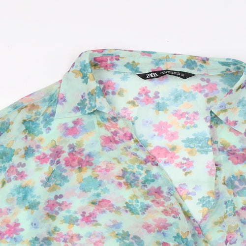 Zara Womens Multicoloured Floral Polyester Basic Blouse Size XL V-Neck - Sheer