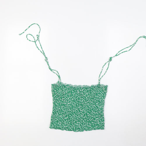Stradivarius Womens Green Floral Cotton Basic Tank Size S Square Neck - Smocked Top