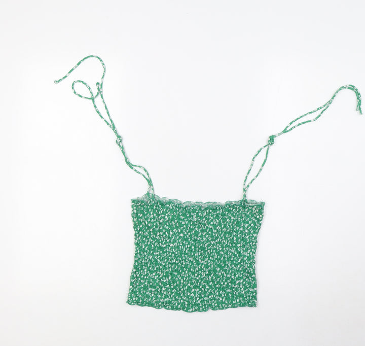 Stradivarius Womens Green Floral Cotton Basic Tank Size S Square Neck - Smocked Top