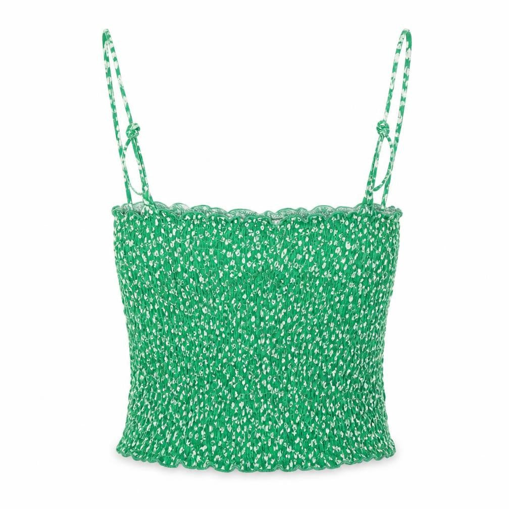 Front view of Stradivarius women’s green floral cotton basic tank, size S, square neck - smocked top