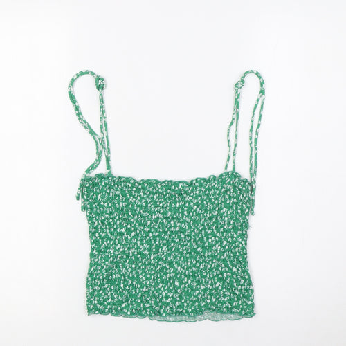 Stradivarius Womens Green Floral Cotton Basic Tank Size S Square Neck - Smocked Top