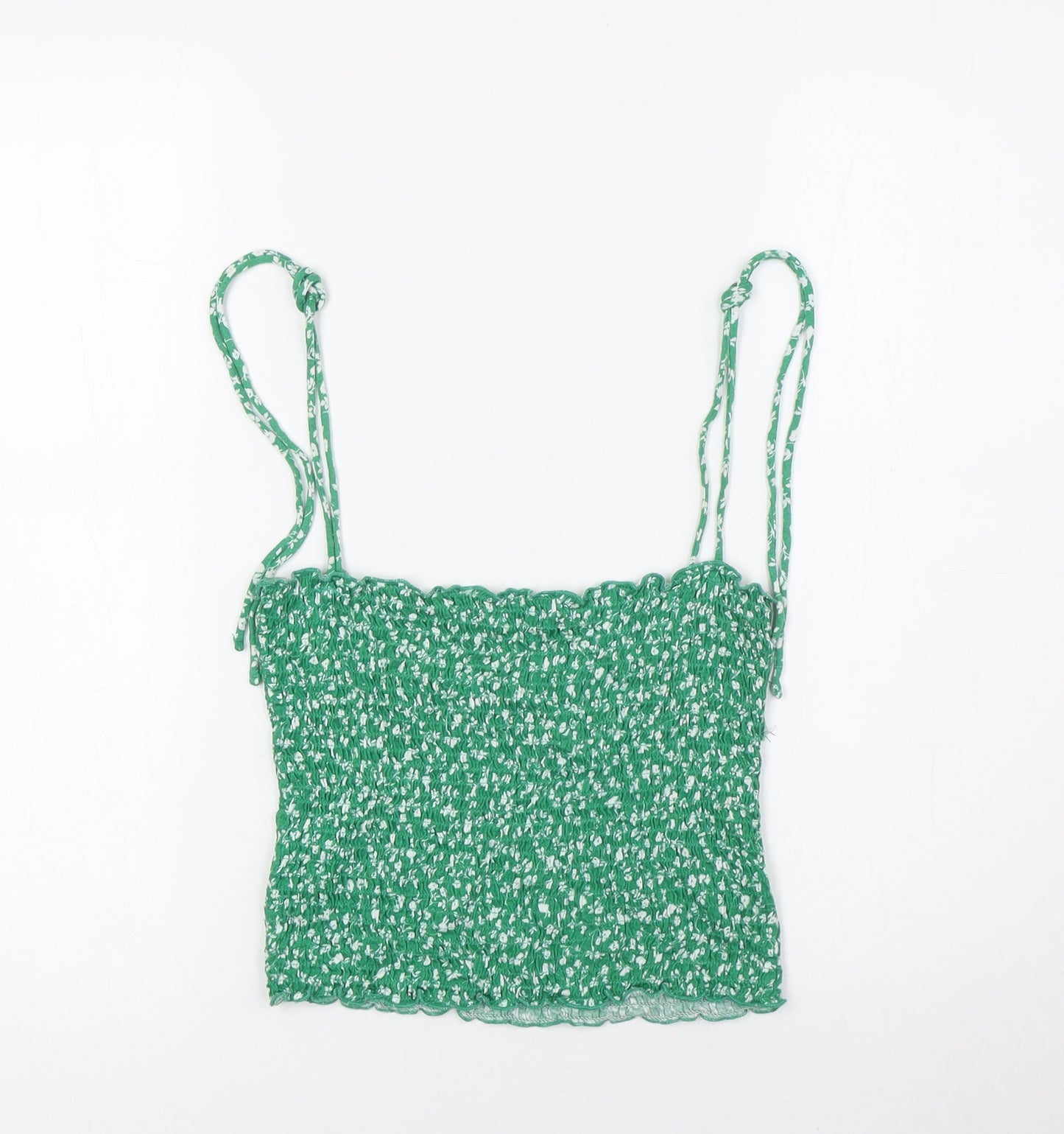 Stradivarius Womens Green Floral Cotton Basic Tank Size S Square Neck - Smocked Top