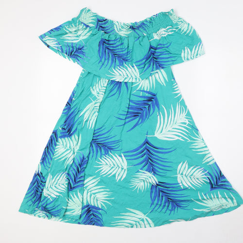 Marks and Spencer Womens Green Viscose A-Line Size 12 Off the Shoulder - Leaf Print