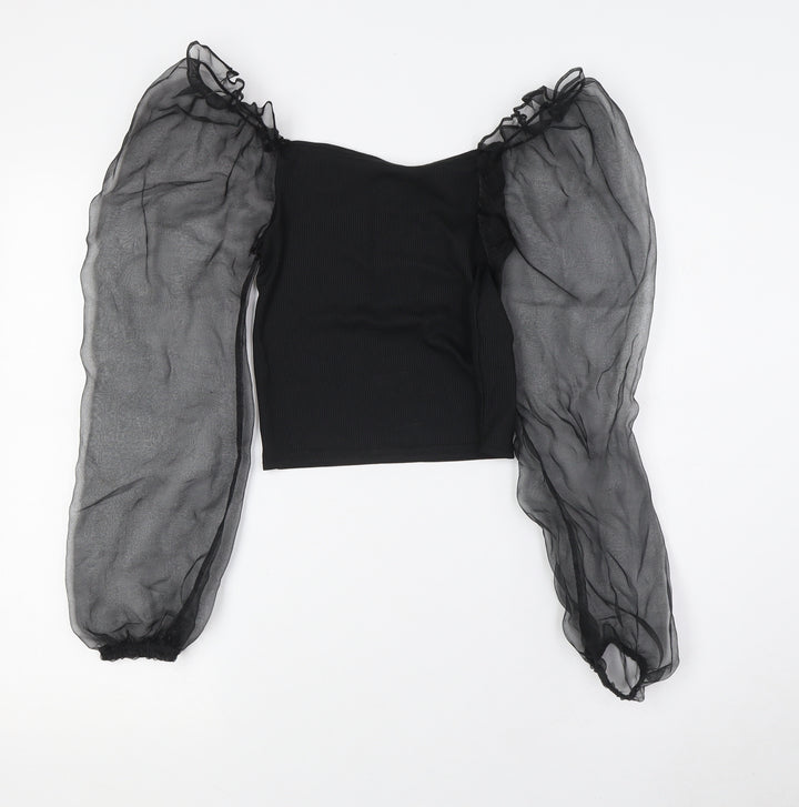 Cameo Rose Womens Black Polyester Basic Blouse Size 10 Square Neck - Sheer Sleeves