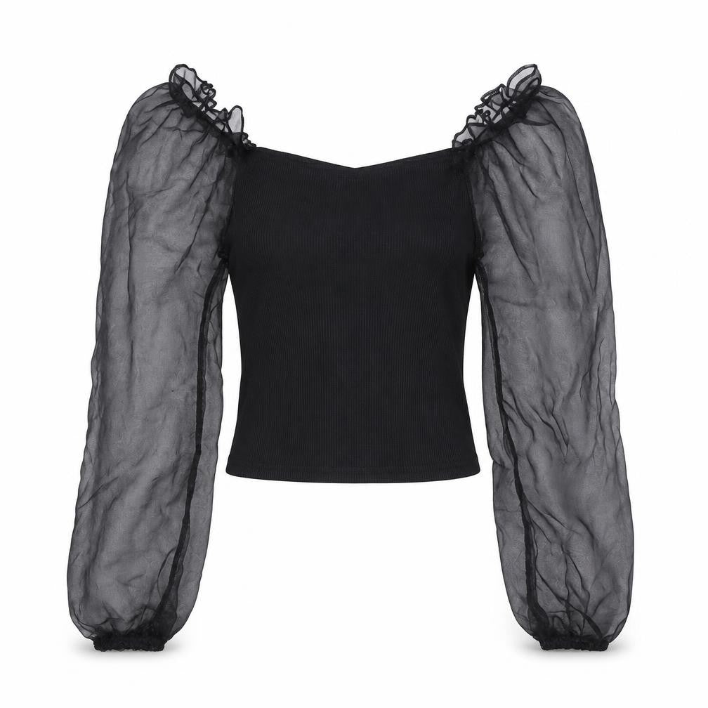 Front view of Cameo Rose women’s black polyester basic blouse, size UK 10, square neck - sheer sleeves