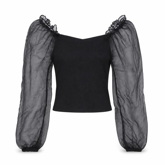 Front view of Cameo Rose women’s black polyester basic blouse, size UK 10, square neck - sheer sleeves