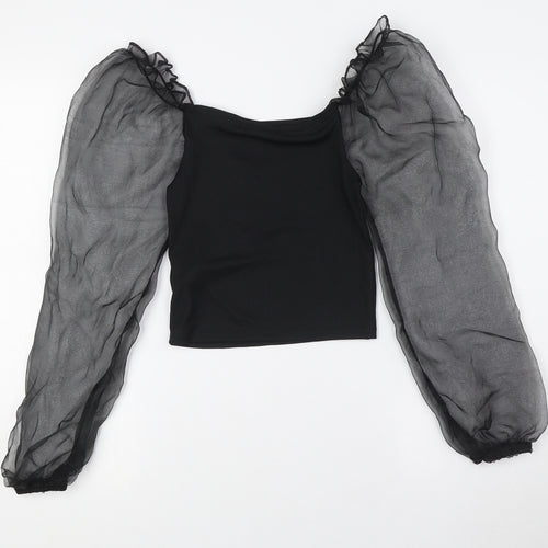 Cameo Rose Womens Black Polyester Basic Blouse Size 10 Square Neck - Sheer Sleeves