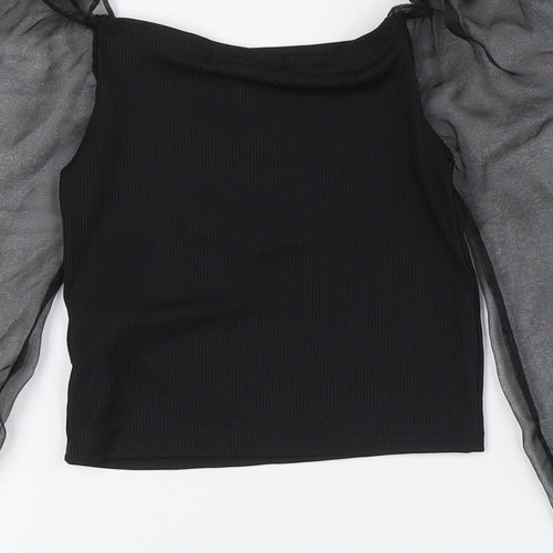 Cameo Rose Womens Black Polyester Basic Blouse Size 10 Square Neck - Sheer Sleeves