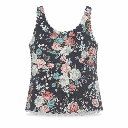 Front view of Divided by H&M women’s multicoloured floral polyester basic tank, size S, roll neck - scalloped sleeves and hem