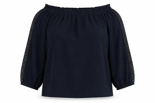 Front view of Next women’s blue polyester basic blouse, size UK 16, off the shoulder