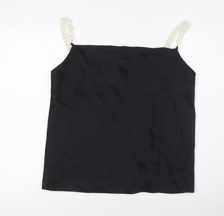 River Island Womens Black Polyester Camisole Blouse Size 12 Scoop Neck - Pearl Straps
