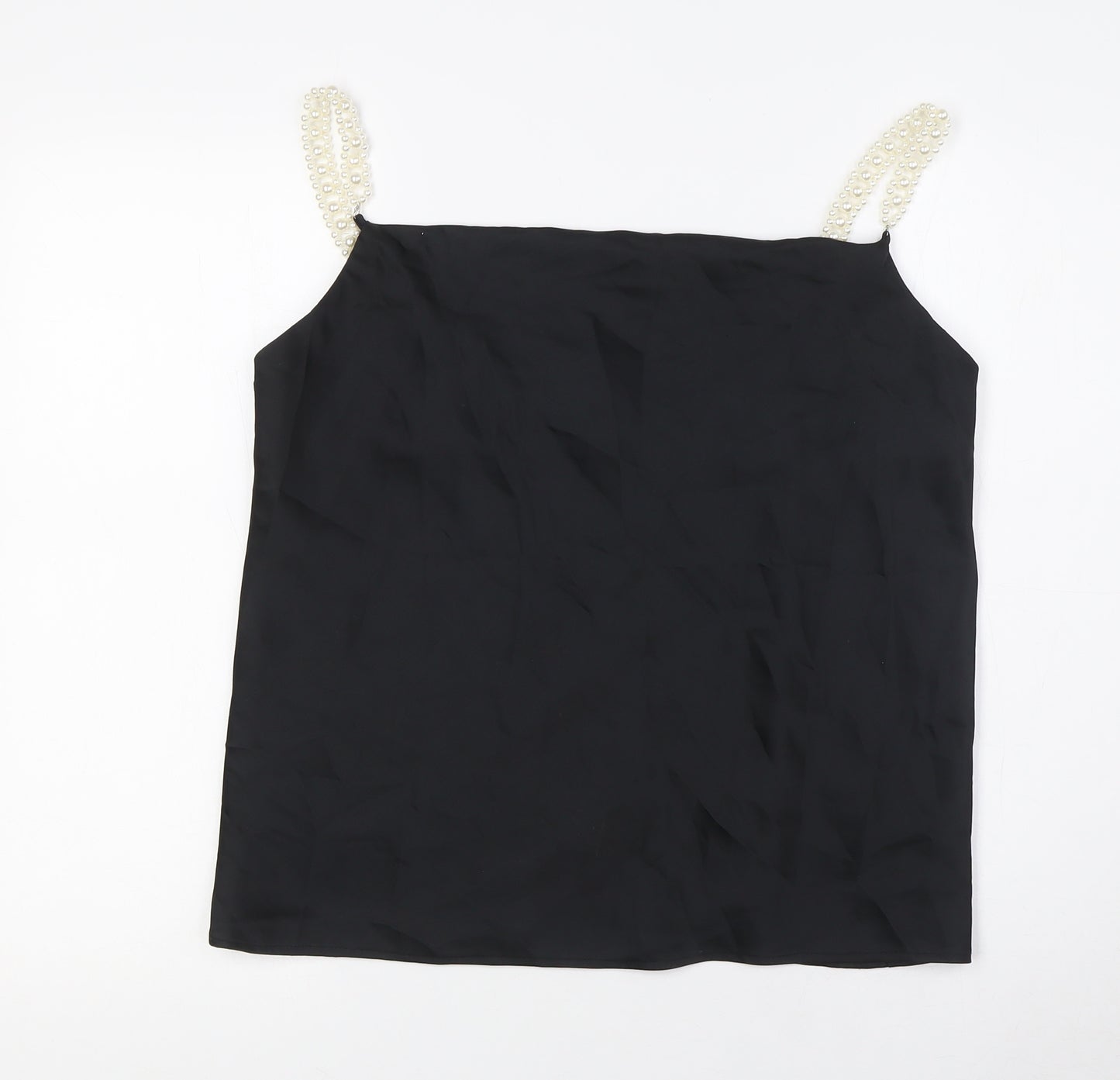 River Island Womens Black Polyester Camisole Blouse Size 12 Scoop Neck - Pearl Straps
