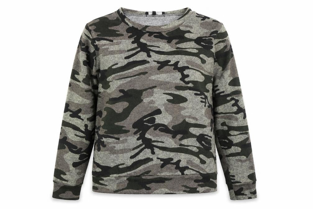 Front view of New Look women’s multicoloured camouflage polyester pullover sweatshirt, size UK 16