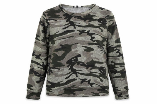 Front view of New Look women’s multicoloured camouflage polyester pullover sweatshirt, size UK 16