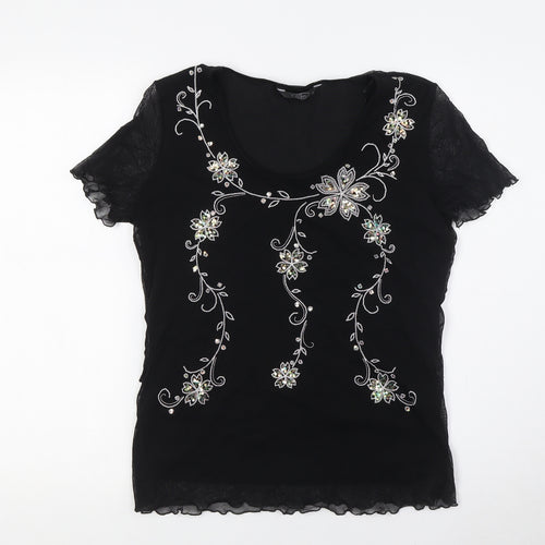 BM Womens Black Nylon Basic T-Shirt Size 12 Round Neck - Sequins
