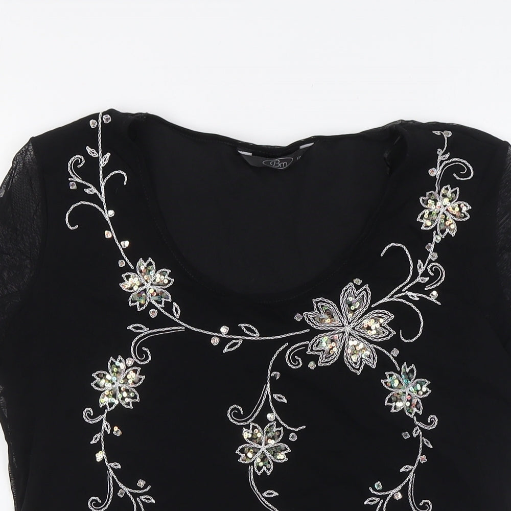 BM Womens Black Nylon Basic T-Shirt Size 12 Round Neck - Sequins