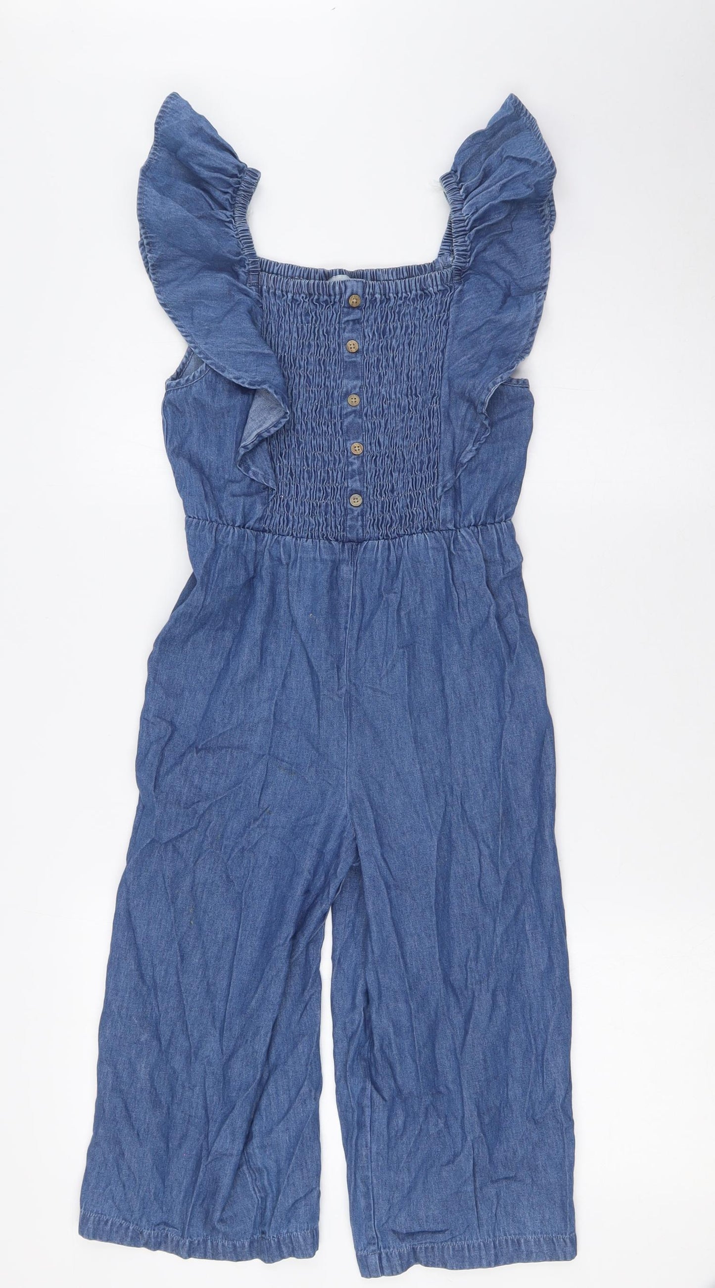 Matalan` Girls Blue Cotton Jumpsuit One-Piece Size 9 Years L16 in Button - Smocked Top