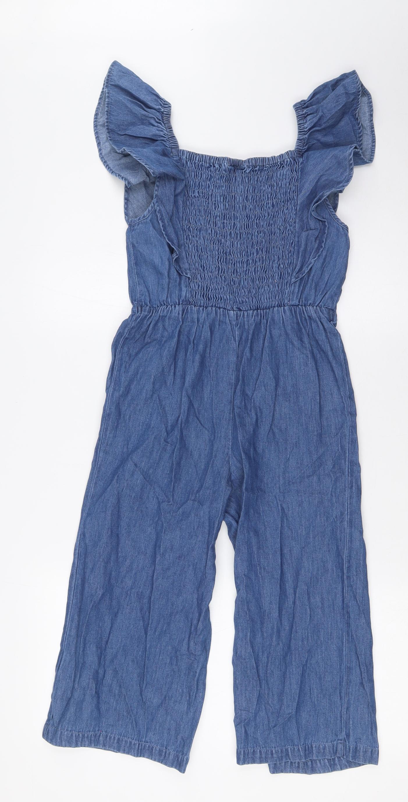 Matalan` Girls Blue Cotton Jumpsuit One-Piece Size 9 Years L16 in Button - Smocked Top