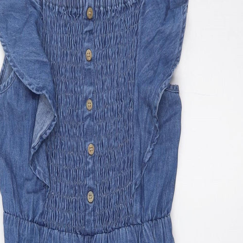 Matalan` Girls Blue Cotton Jumpsuit One-Piece Size 9 Years L16 in Button - Smocked Top