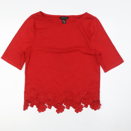 New Look Womens Red Polyester Basic T-Shirt Size 10 Boat Neck - Lace Hem Detail