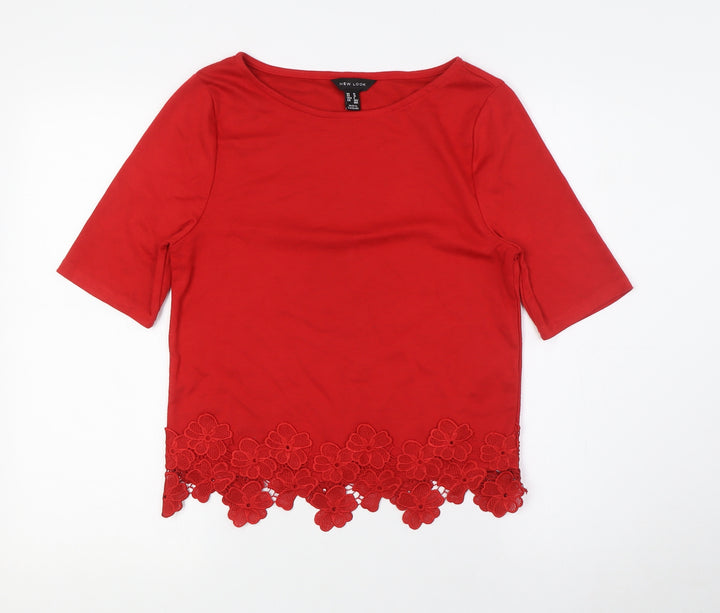 New Look Womens Red Polyester Basic T-Shirt Size 10 Boat Neck - Lace Hem Detail