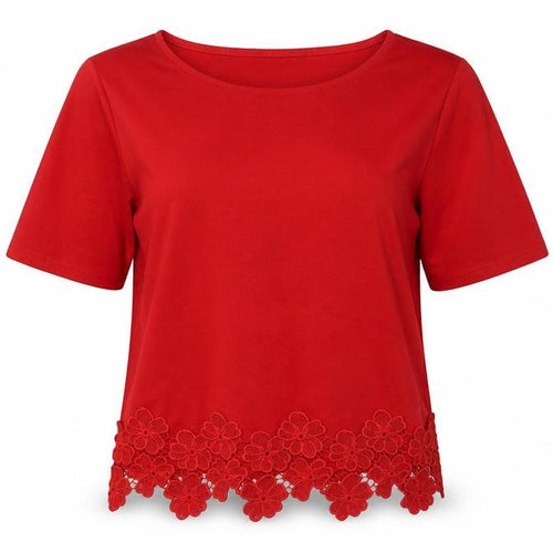 New Look Womens Red Polyester Basic T-Shirt Size 10 Boat Neck - Lace Hem Detail
