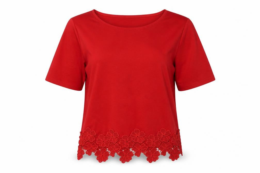 New Look Womens Red Polyester Basic T-Shirt Size 10 Boat Neck - Lace Hem Detail
