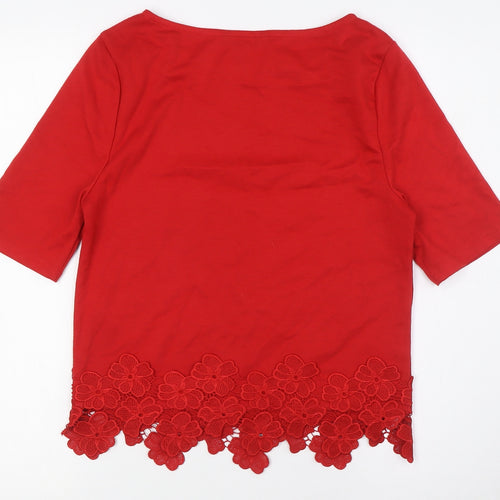 New Look Womens Red Polyester Basic T-Shirt Size 10 Boat Neck - Lace Hem Detail