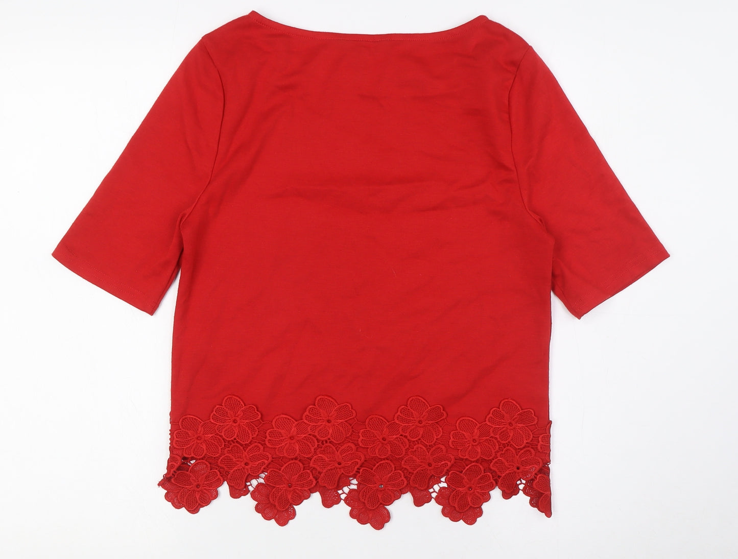 New Look Womens Red Polyester Basic T-Shirt Size 10 Boat Neck - Lace Hem Detail