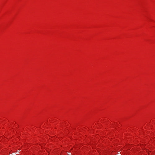 New Look Womens Red Polyester Basic T-Shirt Size 10 Boat Neck - Lace Hem Detail