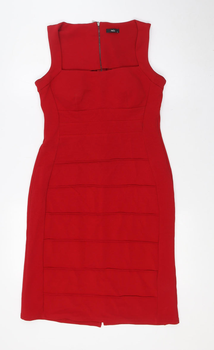 M&Co` Womens Red Polyester Pencil Dress Size 12 Square Neck Zip - Ribbed