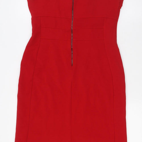 M&Co` Womens Red Polyester Pencil Dress Size 12 Square Neck Zip - Ribbed