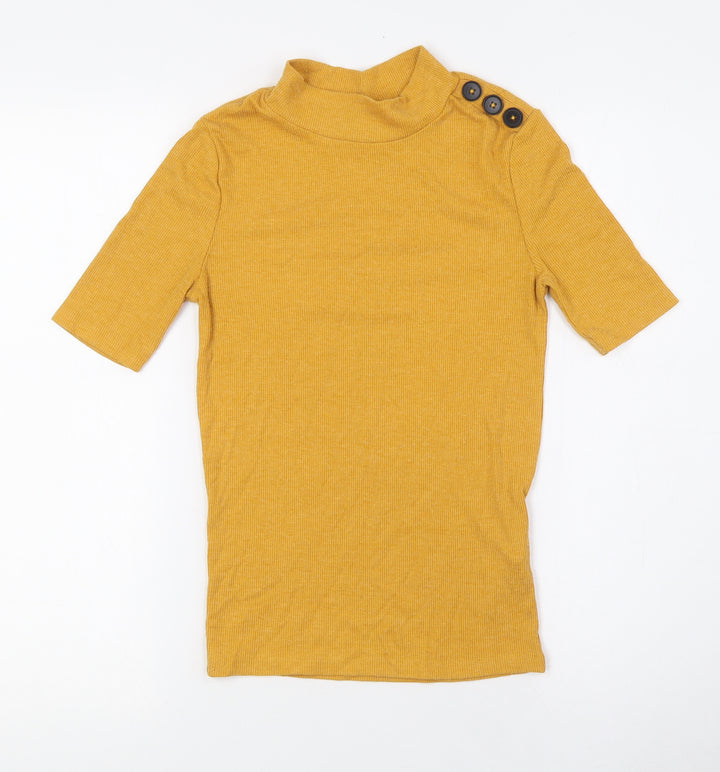 New Look Womens Yellow Polyester Basic T-Shirt Size 8 Mock Neck - Ribbed