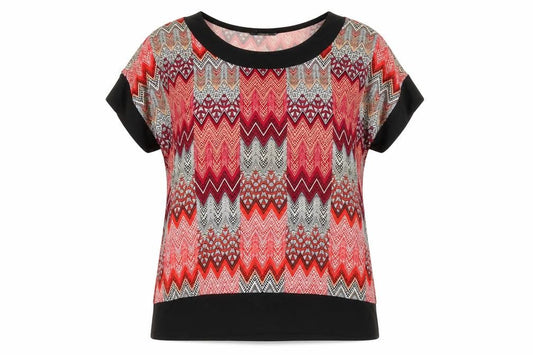 Front view of Bonmarché women’s multicoloured polyester basic t-shirt, size UK 22, scoop neck
