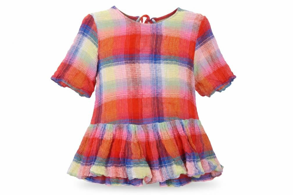 Front view of Zara women’s multicoloured check cotton basic button-up, size S, round neck