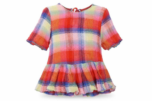 Front view of Zara women’s multicoloured check cotton basic button-up, size S, round neck