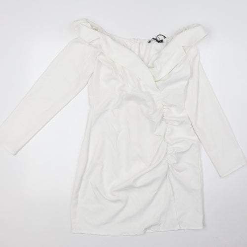 PRETTYLITTLETHING Womens White Polyester Pencil Dress Size 10 Off the Shoulder Zip