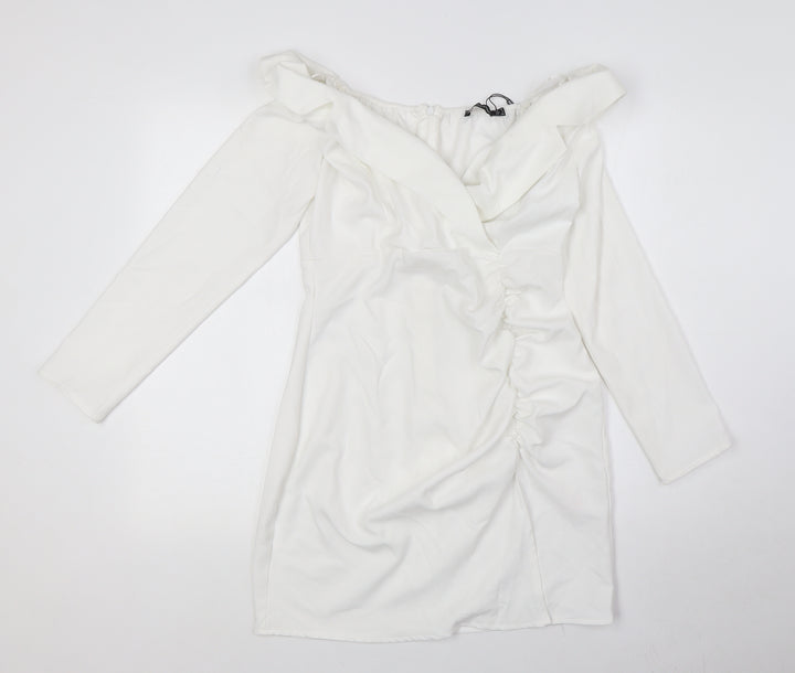 PRETTYLITTLETHING Womens White Polyester Pencil Dress Size 10 Off the Shoulder Zip