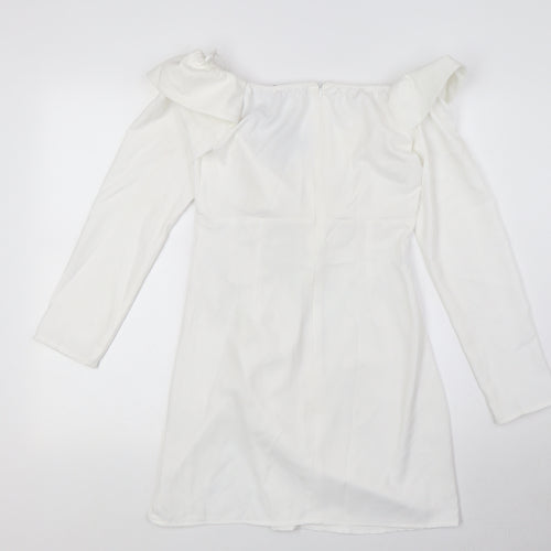 PRETTYLITTLETHING Womens White Polyester Pencil Dress Size 10 Off the Shoulder Zip
