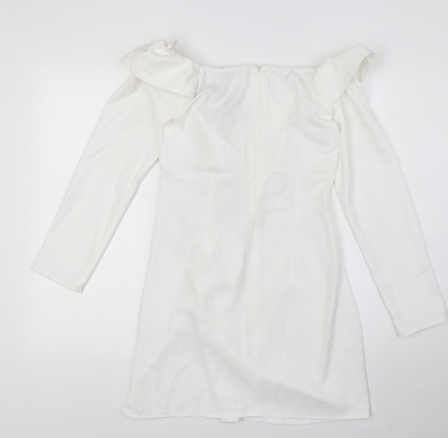 PRETTYLITTLETHING Womens White Polyester Pencil Dress Size 10 Off the Shoulder Zip