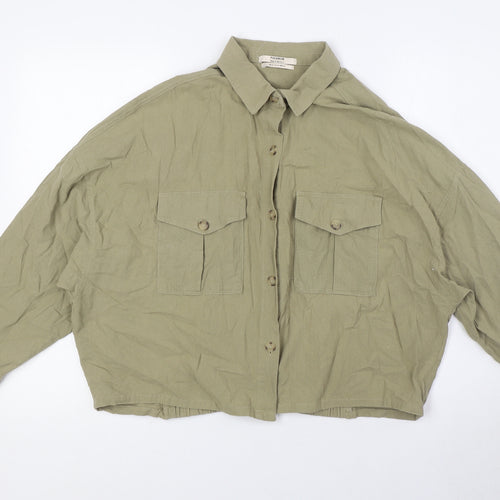 Pull&Bear Womens Green Herringbone Polyester Basic Button-Up Size M Collared - Breast Pockets