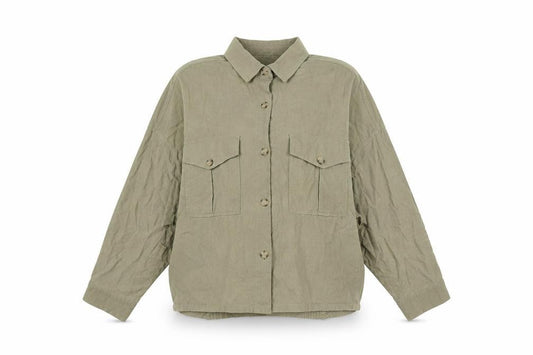 Front view of Pull&Bear women’s green herringbone polyester basic button-up, size M, collared - breast pockets