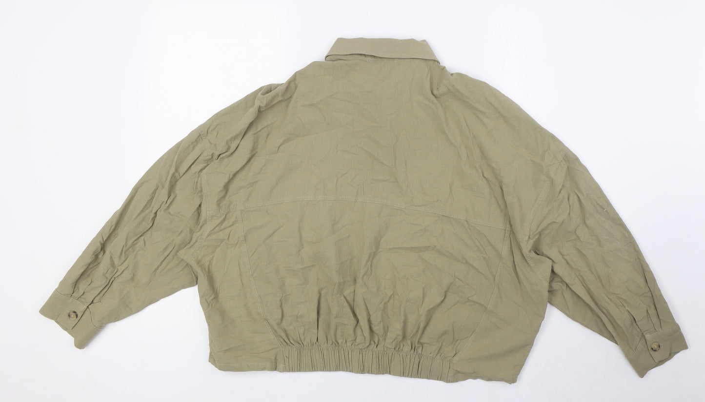 Pull&Bear Womens Green Herringbone Polyester Basic Button-Up Size M Collared - Breast Pockets