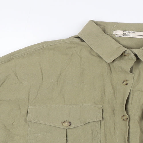 Pull&Bear Womens Green Herringbone Polyester Basic Button-Up Size M Collared - Breast Pockets