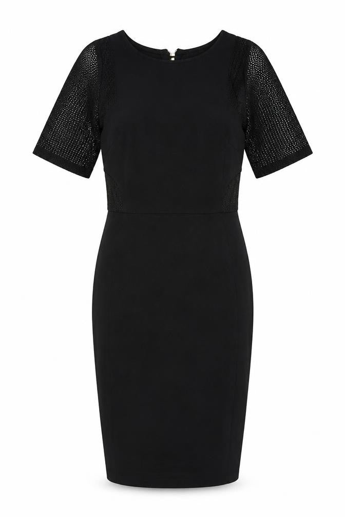 Front view of River Island women’s black polyester pencil dress, size UK 8, round neck zip