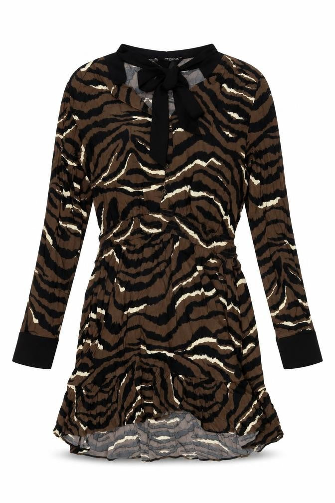 Front view of Zara women’s brown geometric viscose mini, size M, v-neck button