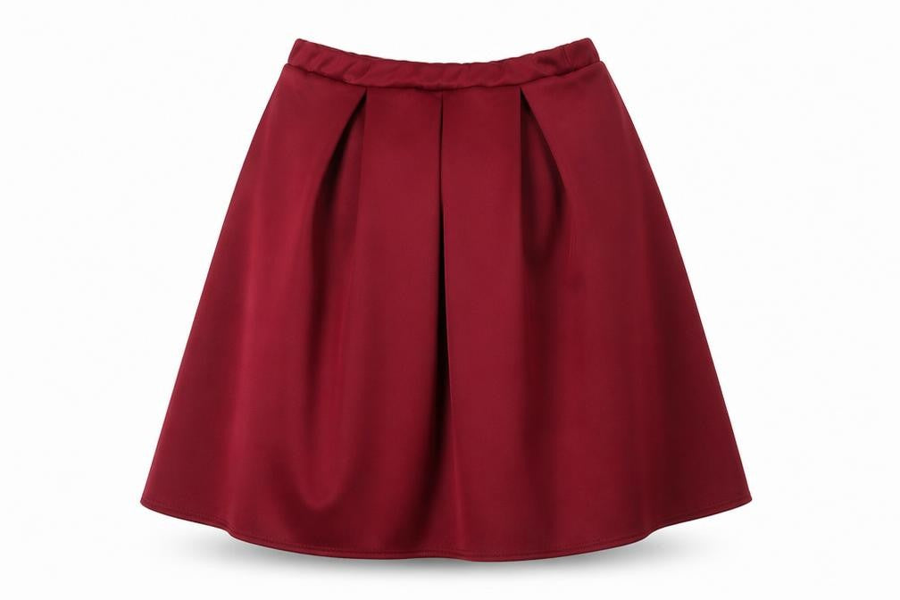 Front view of Boohoo women’s red polyester swing skirt, size UK 14
