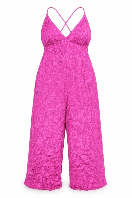 Front view of ASOS women’s pink geometric viscose jumpsuit one-piece, size UK 12, 22-inch leg tie