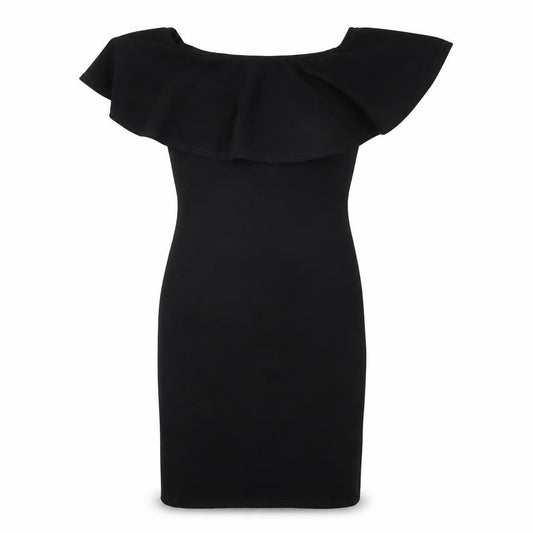 Front view of PRETTYLITTLETHING women’s black polyester bodycon, size UK 10, off the shoulder pullover