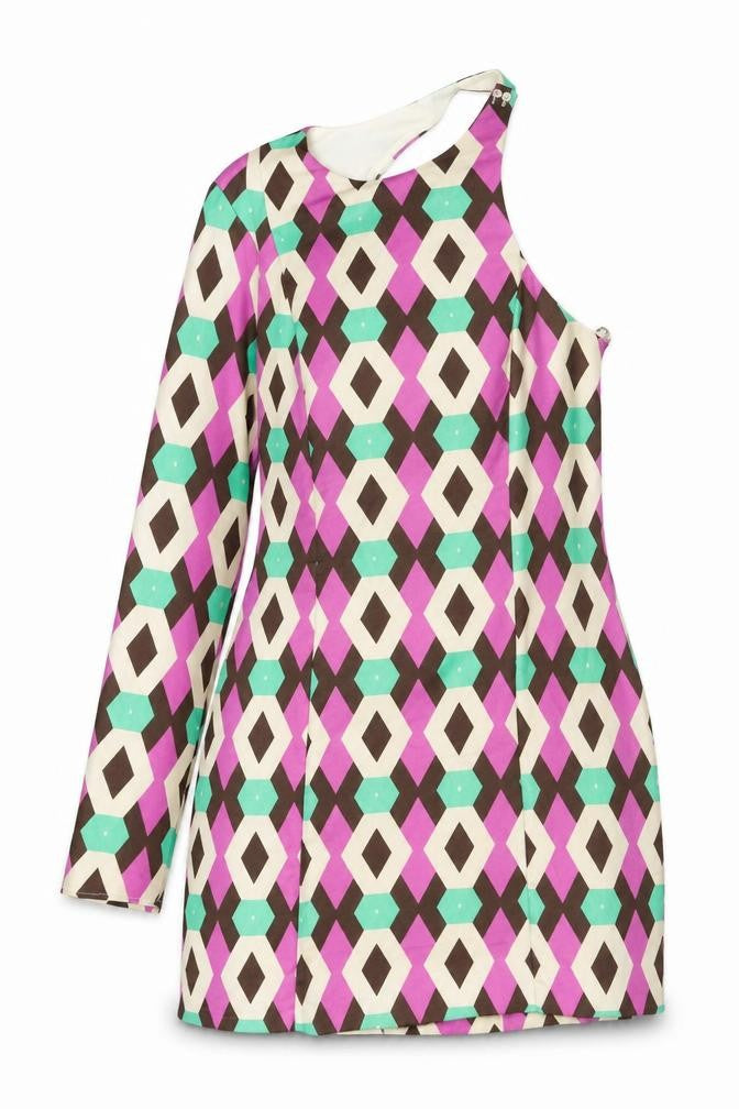 Front view of Zara women’s multicoloured geometric polyester mini, size XS, one shoulder zip